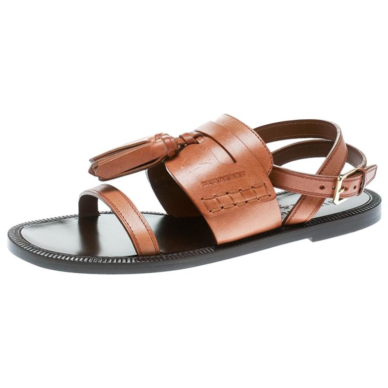 Burberry Cognac Brown Leather Bethany Tassel Detail Flat Sandals Size ...