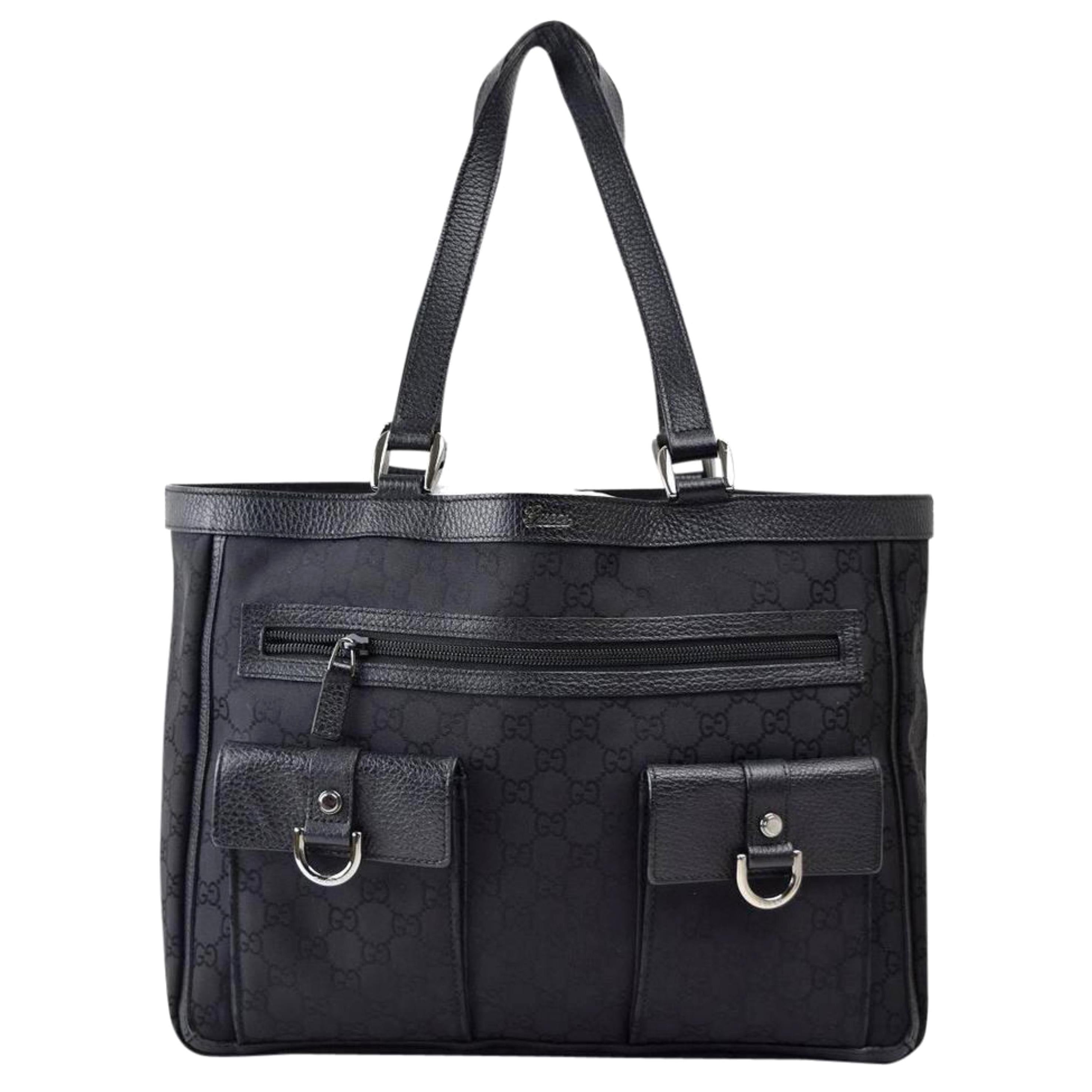 Gucci Monogram Double Pocket Tote 867318 Black Coated Canvas Shoulder Bag For Sale