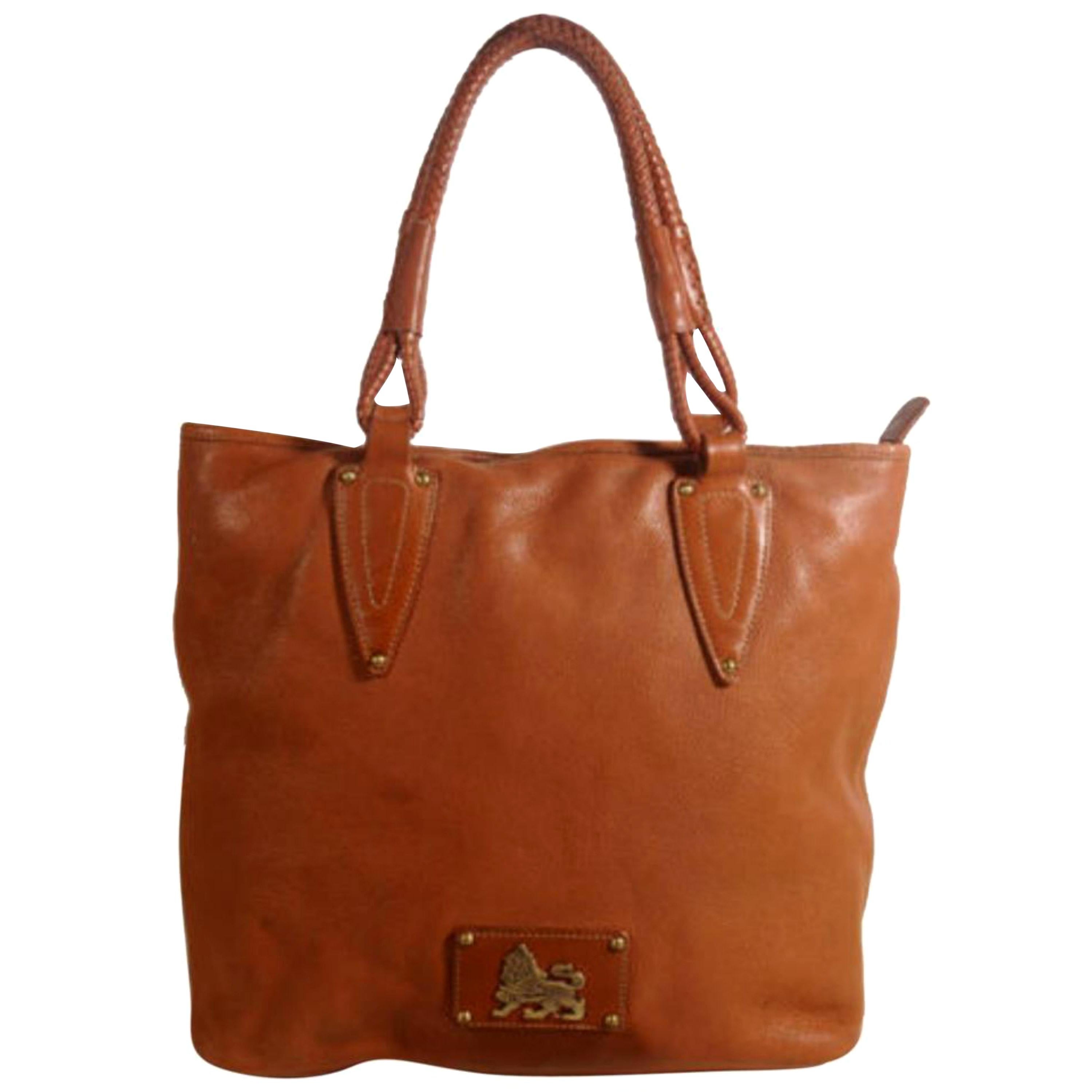 MCM Lion Logo Shopper 869658 Brown Leather Shoulder Bag For Sale