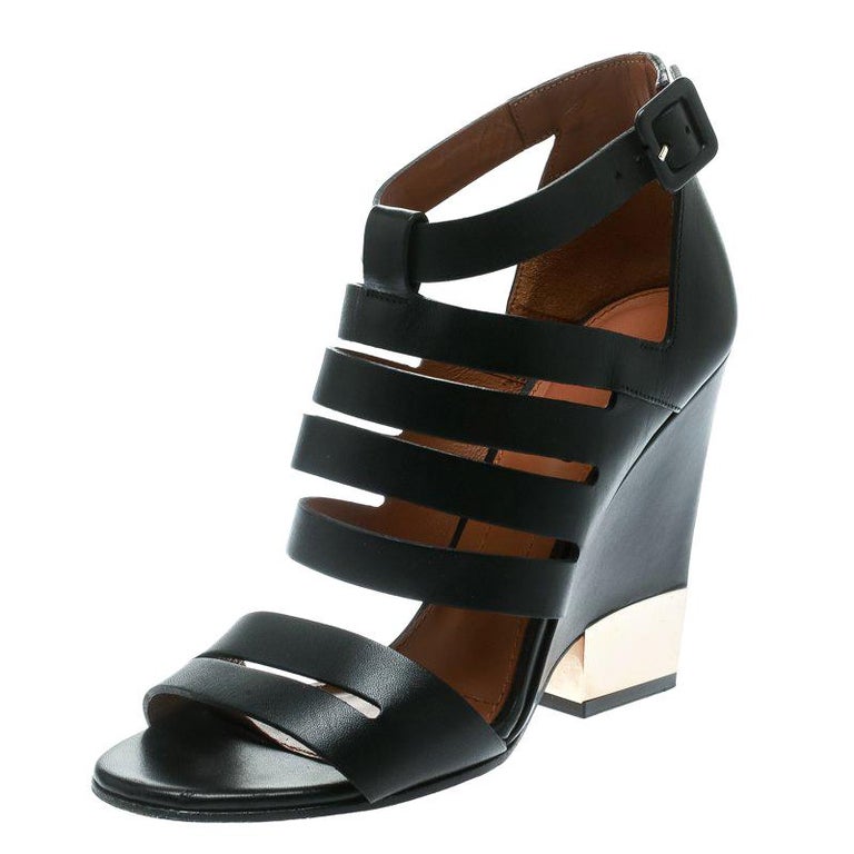 womens black leather wedge sandals