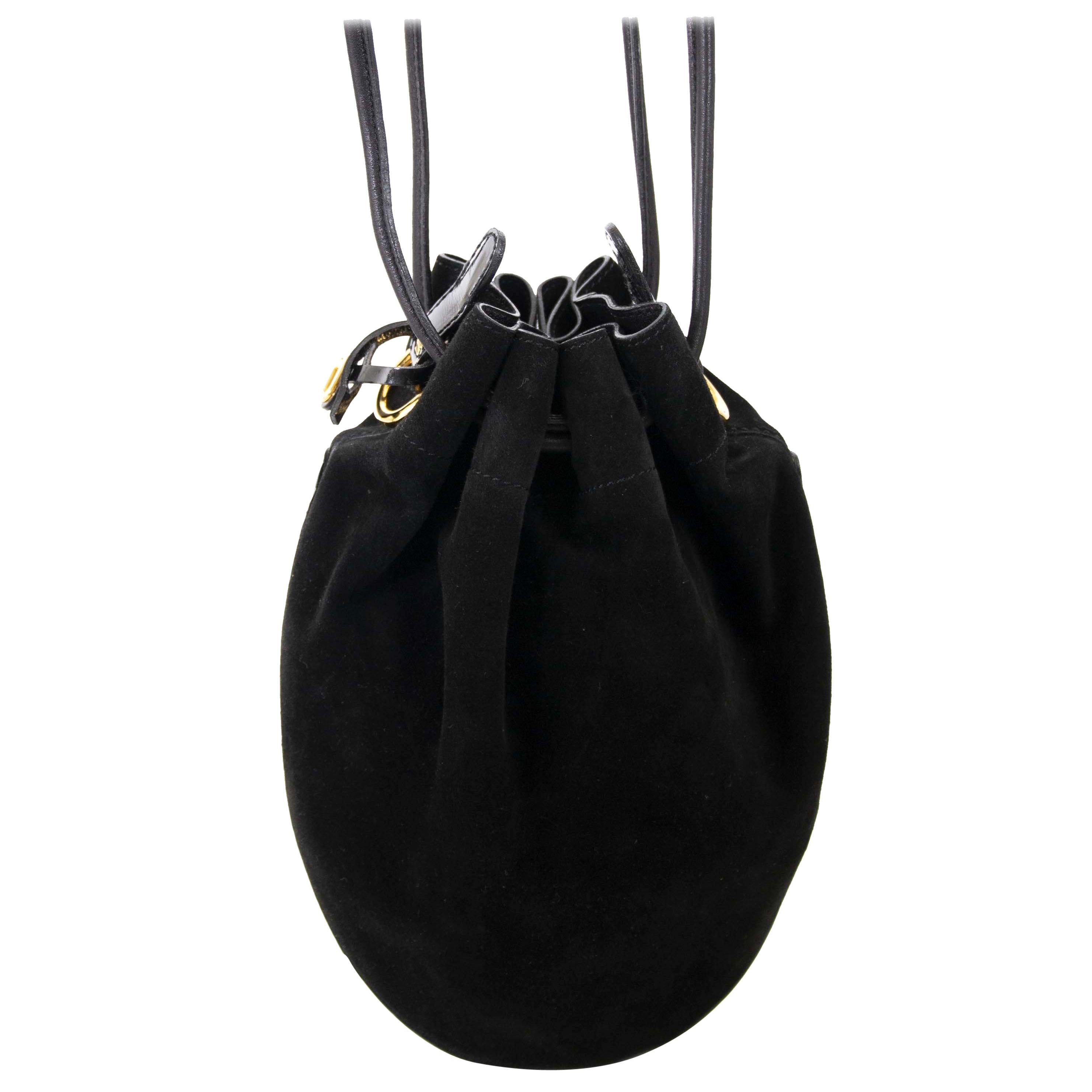Delvaux Black Suede And Patent Bucket Bag