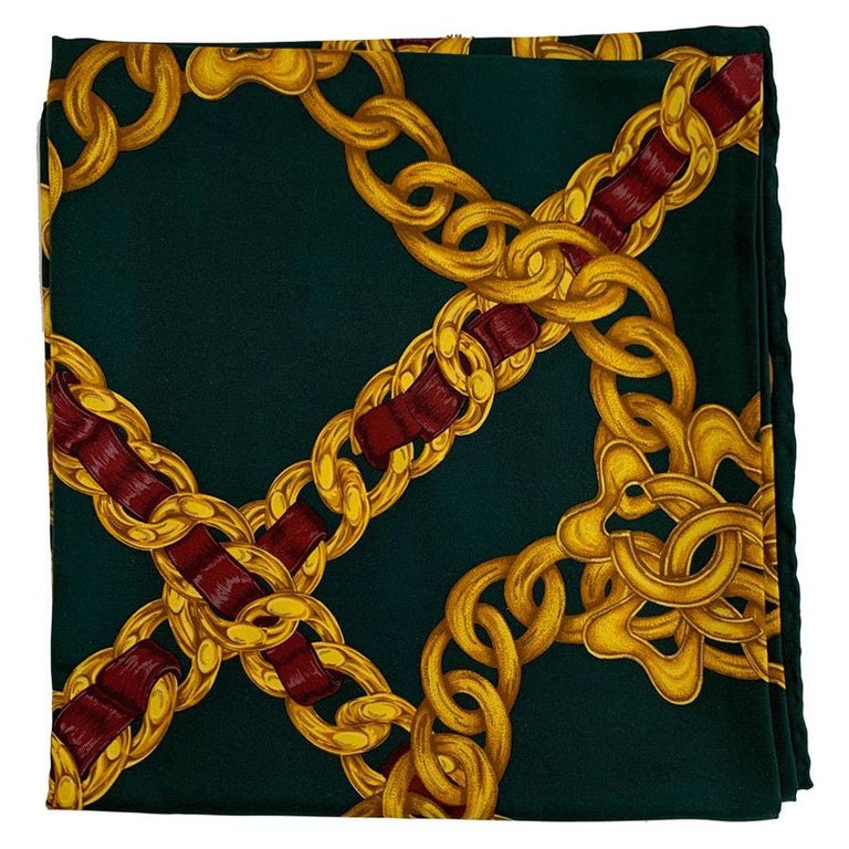 CHANEL Printed Chains Scarf in Dark Green and Gold Silk at 1stDibs