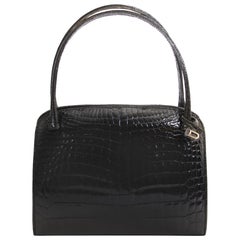 Delvaux Vintage Black Croco Top Handle  Bag