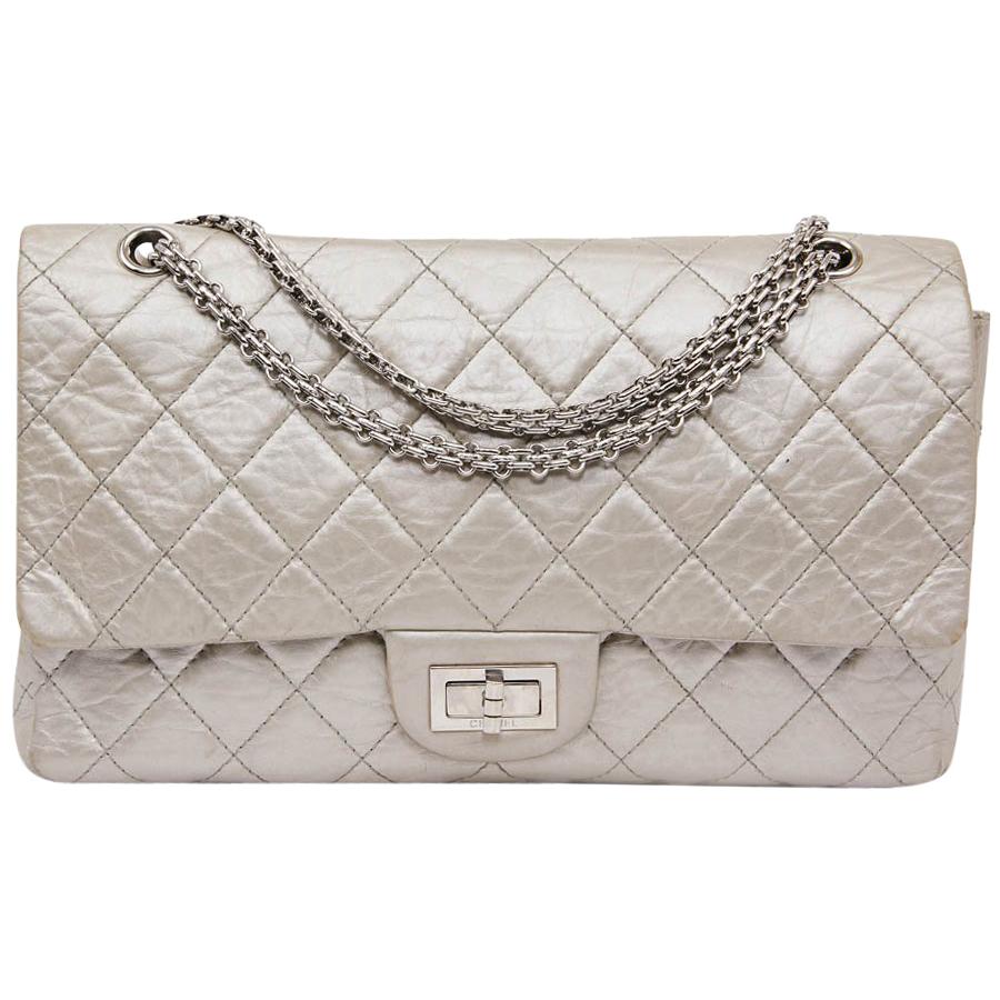 CHANEL 2.55 Double Flap Bag in Quilted Silver Crumpled Leather