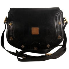 Vintage MCM Studded Messenger Cross Body 868826 Black Leather Shoulder Bag