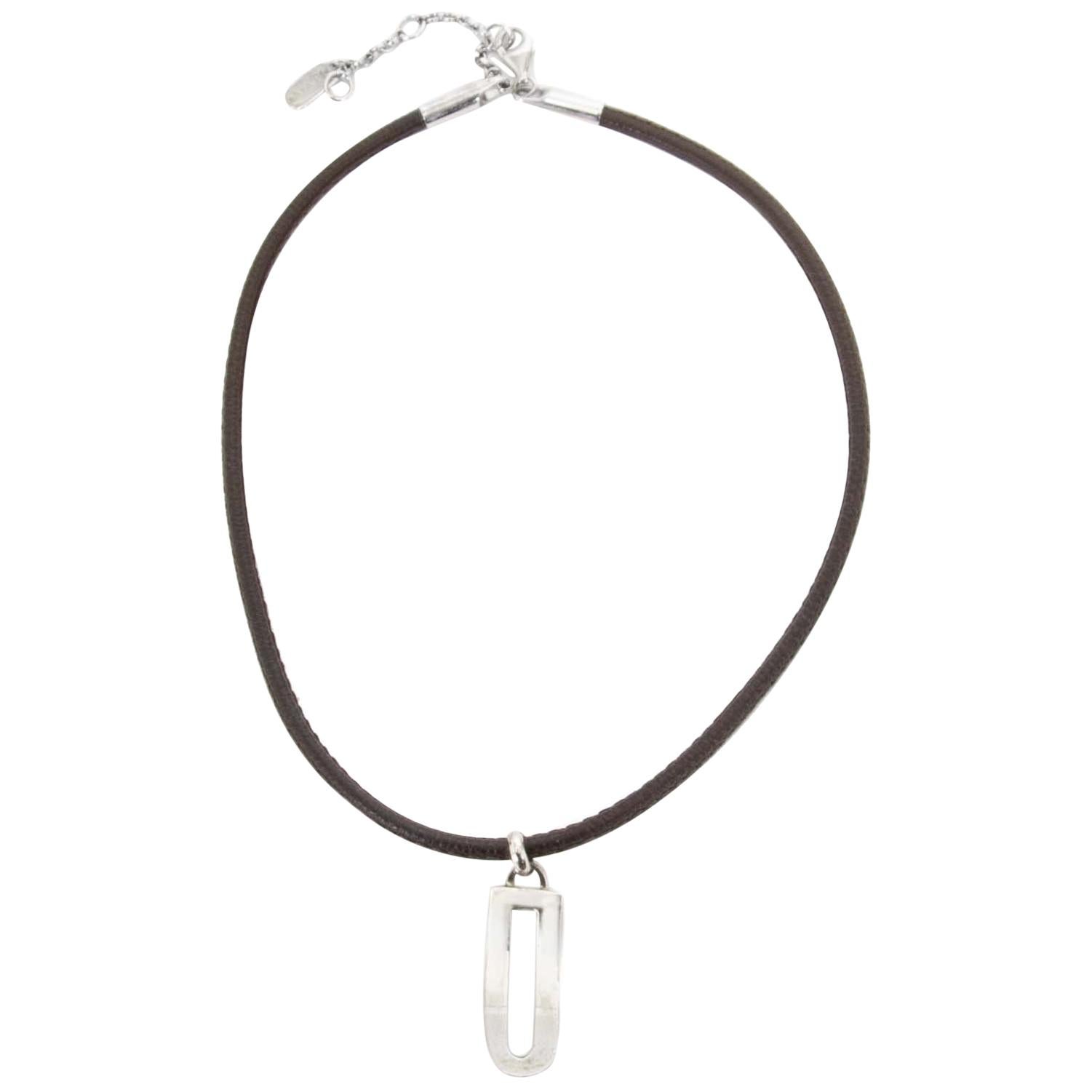 Delvaux Brown Leather Silver D Necklace