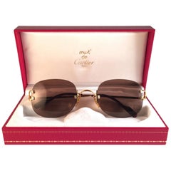 Vintage New Cartier Serrano Rimless Gold 55mm Brown Lens France Sunglasses