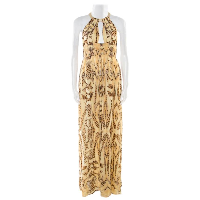 Roberto Cavalli Beige Animal Printed Silk Plunge Neck Cutout Back Dress S