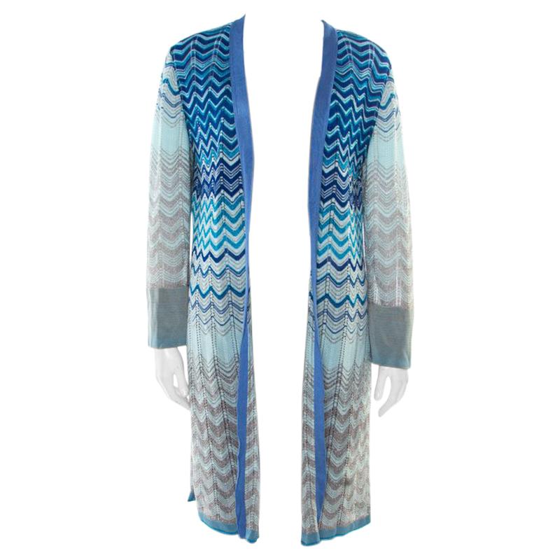 Missoni Blue Lurex Perforated Knit Chevron Pattern Open Front Cardigan L