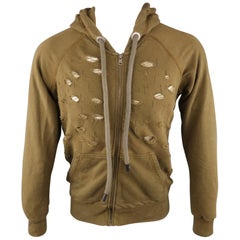 MCQ by ALEXANDER MCQUEEN Size S Olive Distressed Cotton Hooded Sweatshirt
