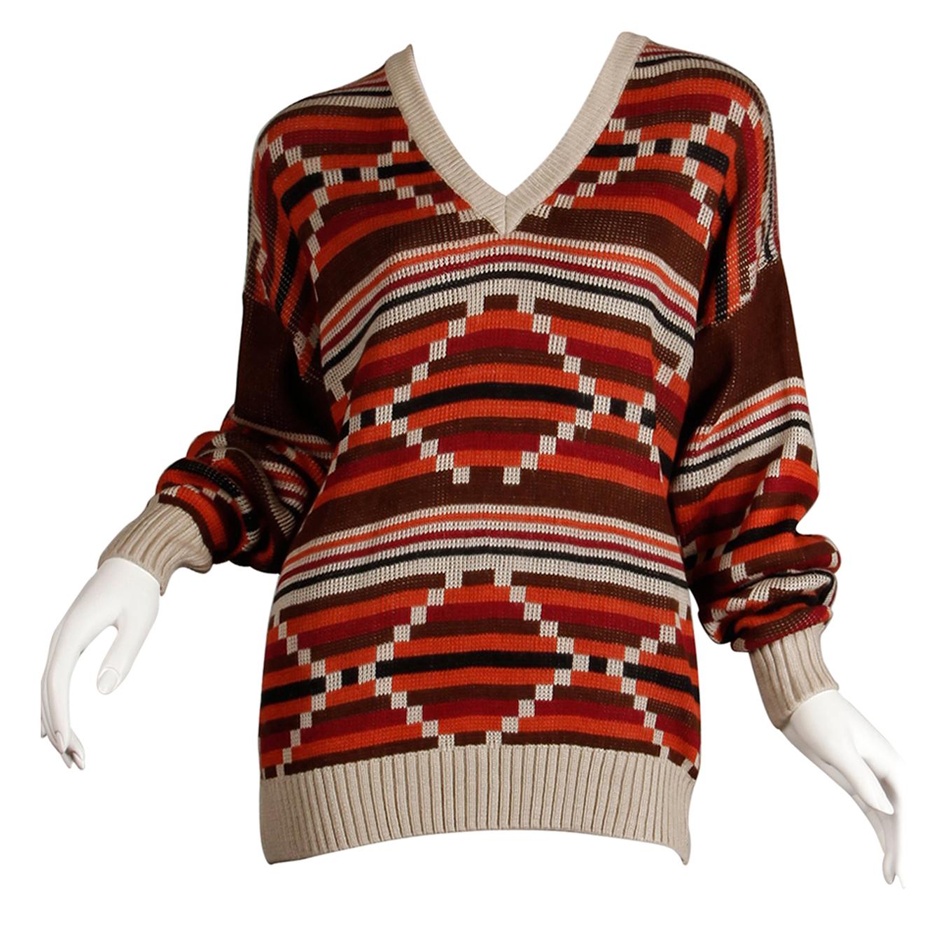 1980er Ted Lapidus Vintage Oversized-Strickpullover oder Pullover mit geometrischem V-Ausschnitt