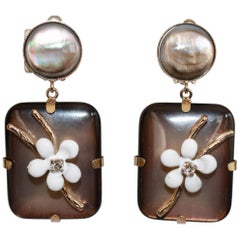 Philippe Ferrandis Handmade Glass, Mother of Pearl and Enameled Flowers Clips