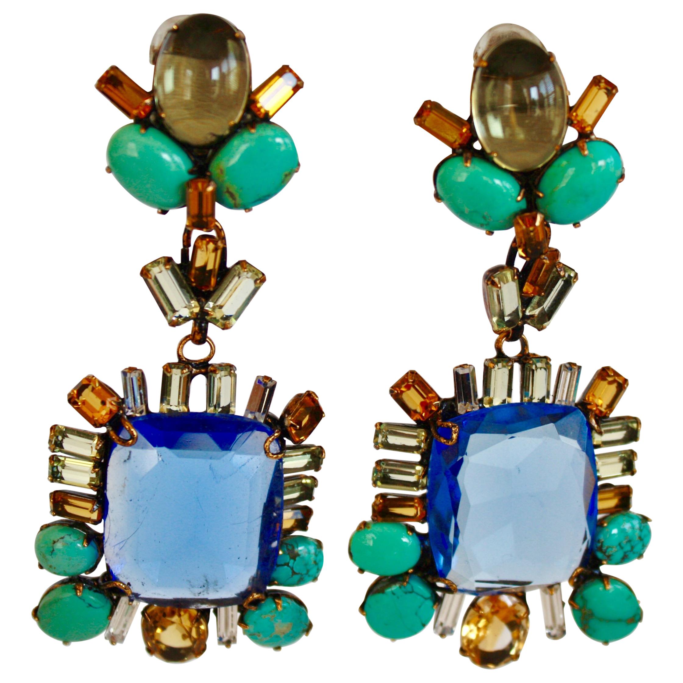 Iradj Moini Saphire, Citrine, and Turquoise Clip Earrings