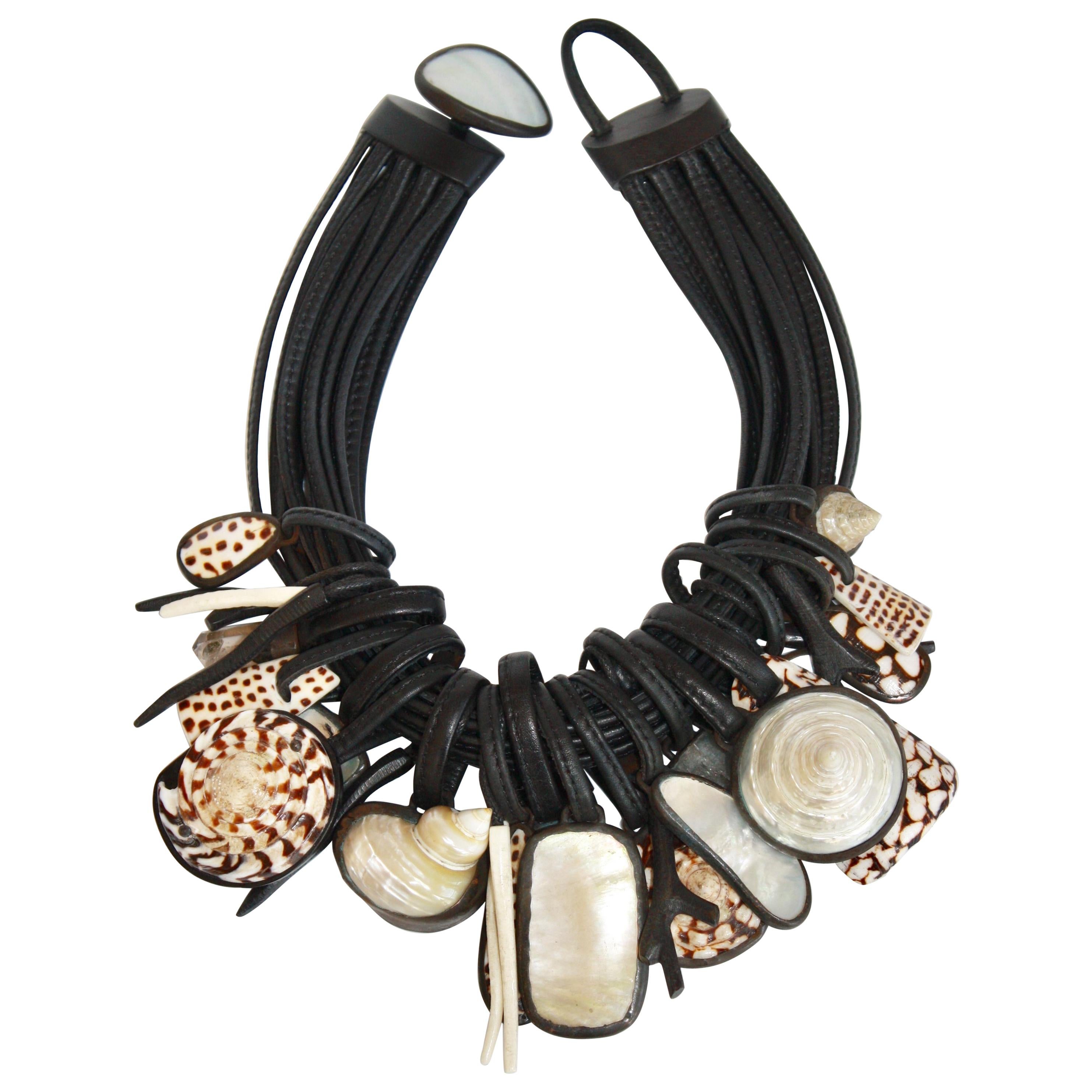 Monies One of a Kind Shell, Mother of Pearl, Rock Crystal and Ebony Necklace