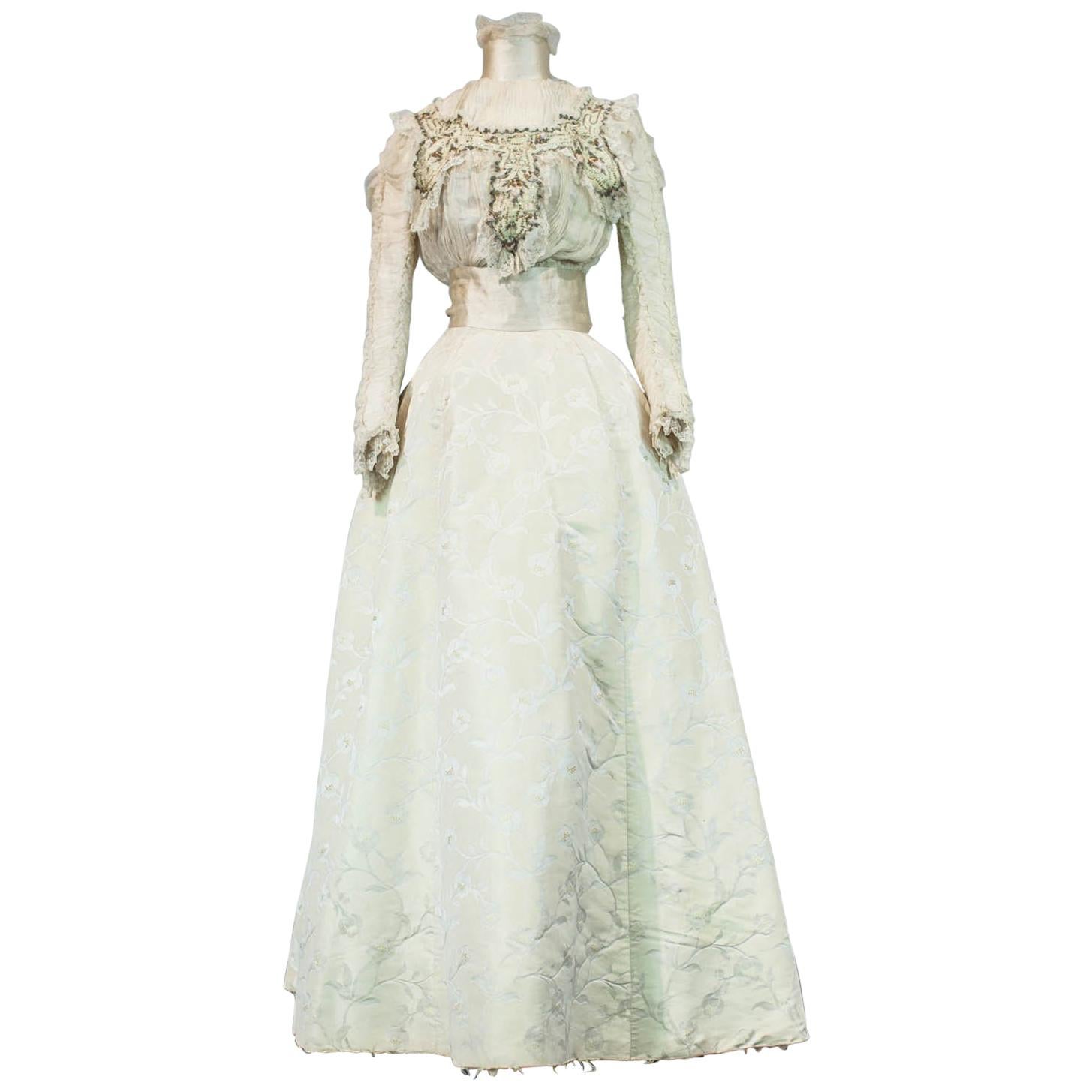 Edwardian Damask and Chiffon Silk Ceremony French Labelled Gown Circa 1900