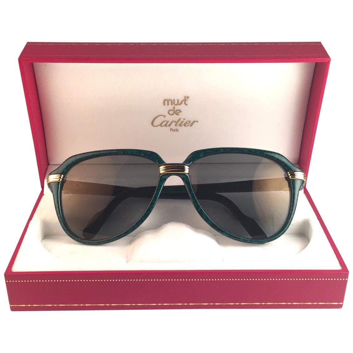 New Cartier Vitesse Marbled Green 58MM 18K Gold Plated Sunglasses France 