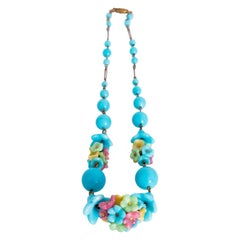 Vintage A 1930s Bright Blue Venetian Glass Beads Necklace With Flower Arrangement