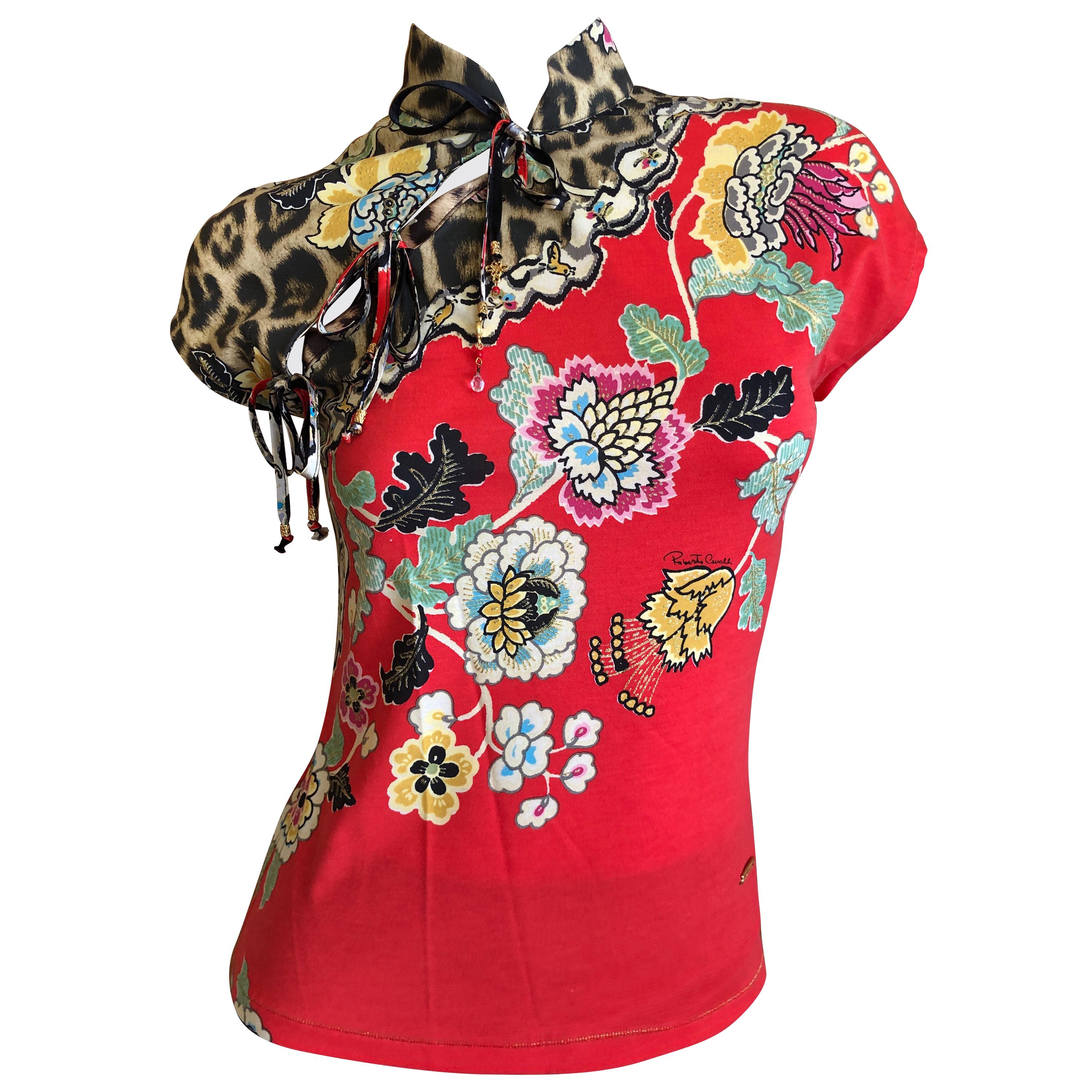 Roberto Cavalli Spring 2003 Silk Cheongsam Style Floral Top Size XS For Sale