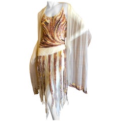 Valentino Vintage Sequin Cocktail Dress with Car Wash Sequin Fringe and Shawl