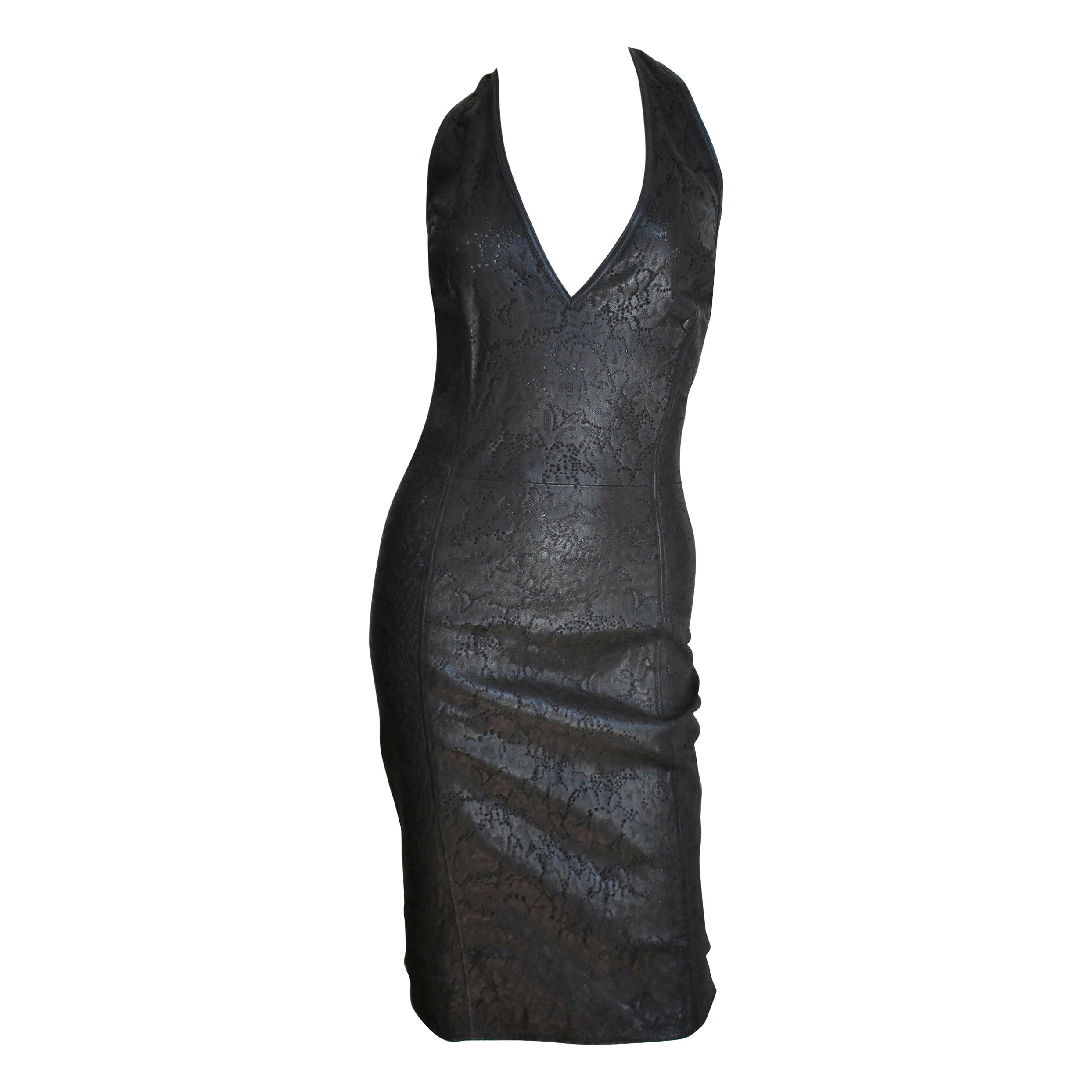 Gianni Versace Laser Perforated Leather Halter Dress 1990s For Sale