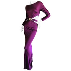 Roberto Cavalli Body Hugging Side Baring Purple Evening Dress w Jeweled Ornament