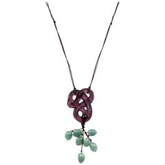 Lalique Purple Crystal Serpent Snake Rope Necklace W/ Green Aventurine 