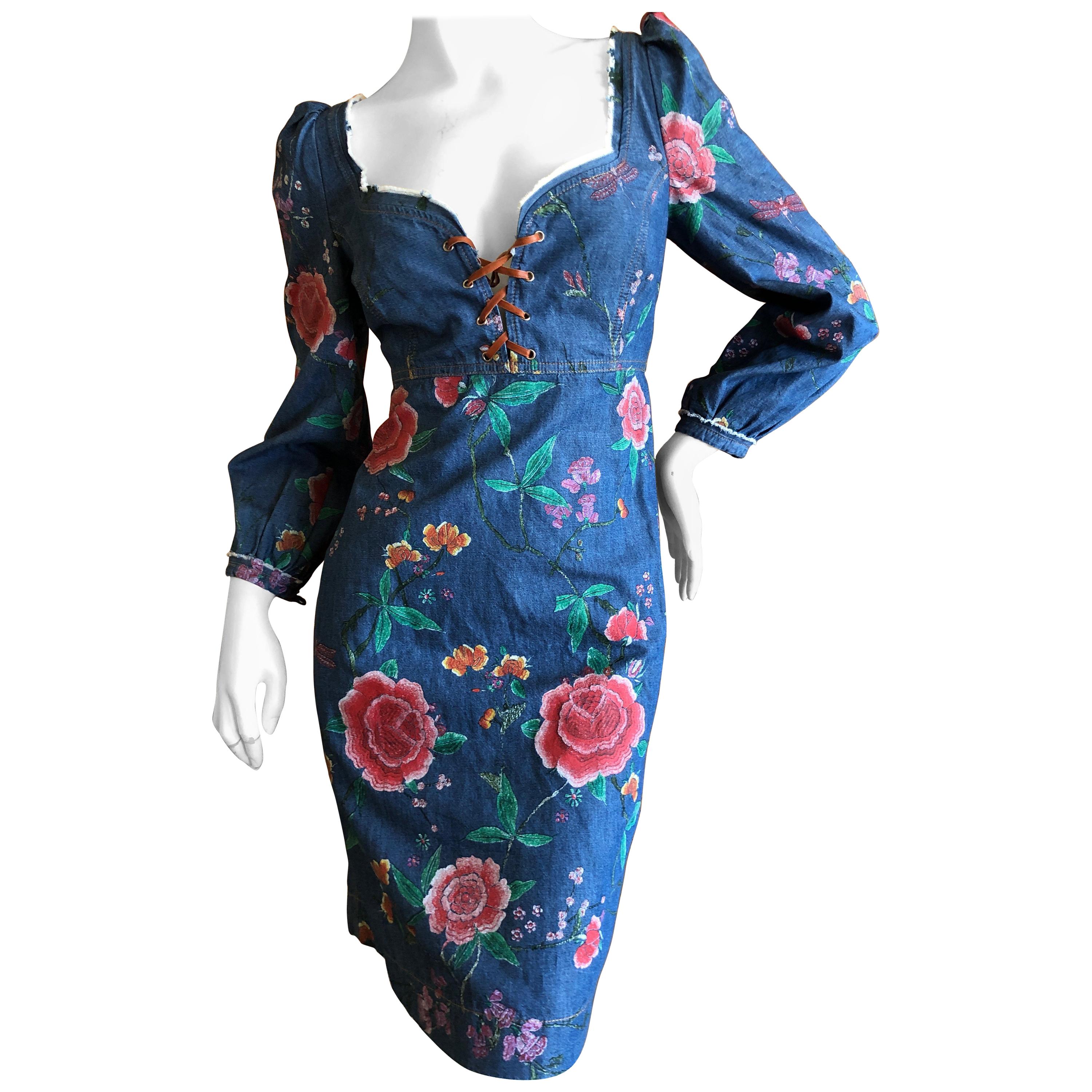 Roberto Cavalli Folkloric Rose Print Denim Cocktail Dress with Lace Up Details For Sale