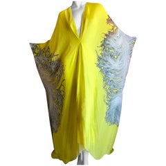 Roberto Cavalli Feather Print Yellow Silk Caftan Dress New with Tags