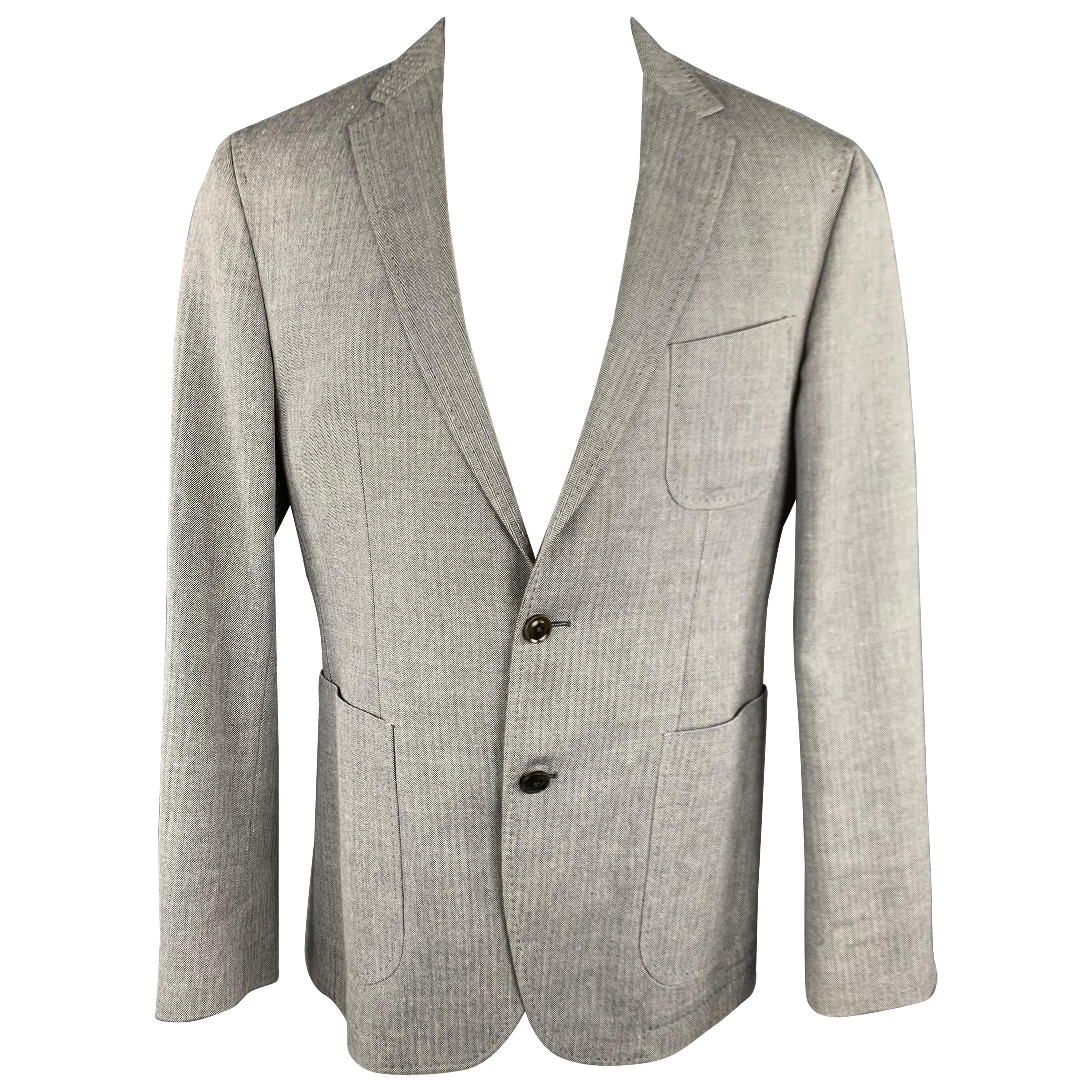 HUGO BOSS 38 Regular Grey Herringbone Wool / Linen Notch Lapel Sport Coat