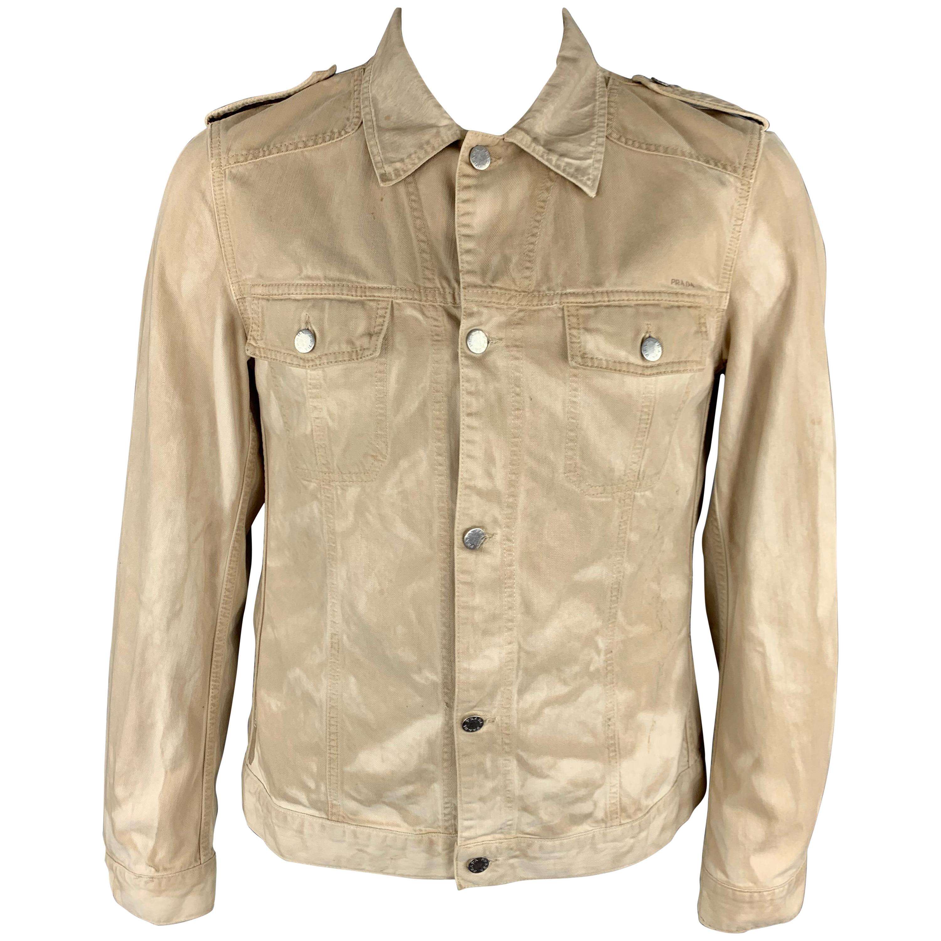 PRADA 42 Khaki Dyed Distressed Cotton Buttoned Trucker Jacket