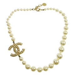 Chanel Gold Pearl Large Charm Logo Choker Evening Necklace in Box