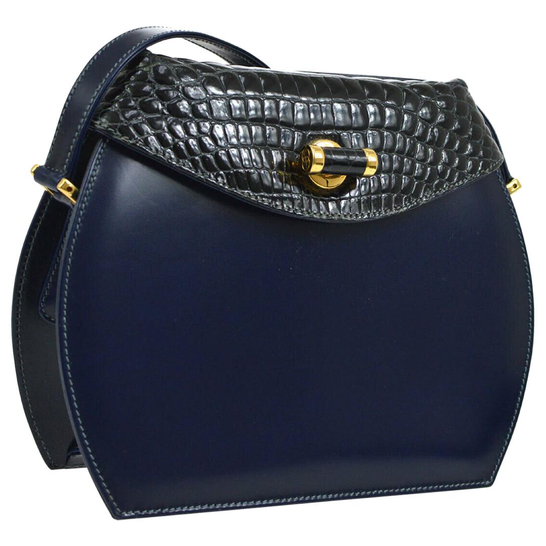 Gucci Navy Blue Leather Crocodile Trim Saddle Evening Shoulder Flap Bag in Box