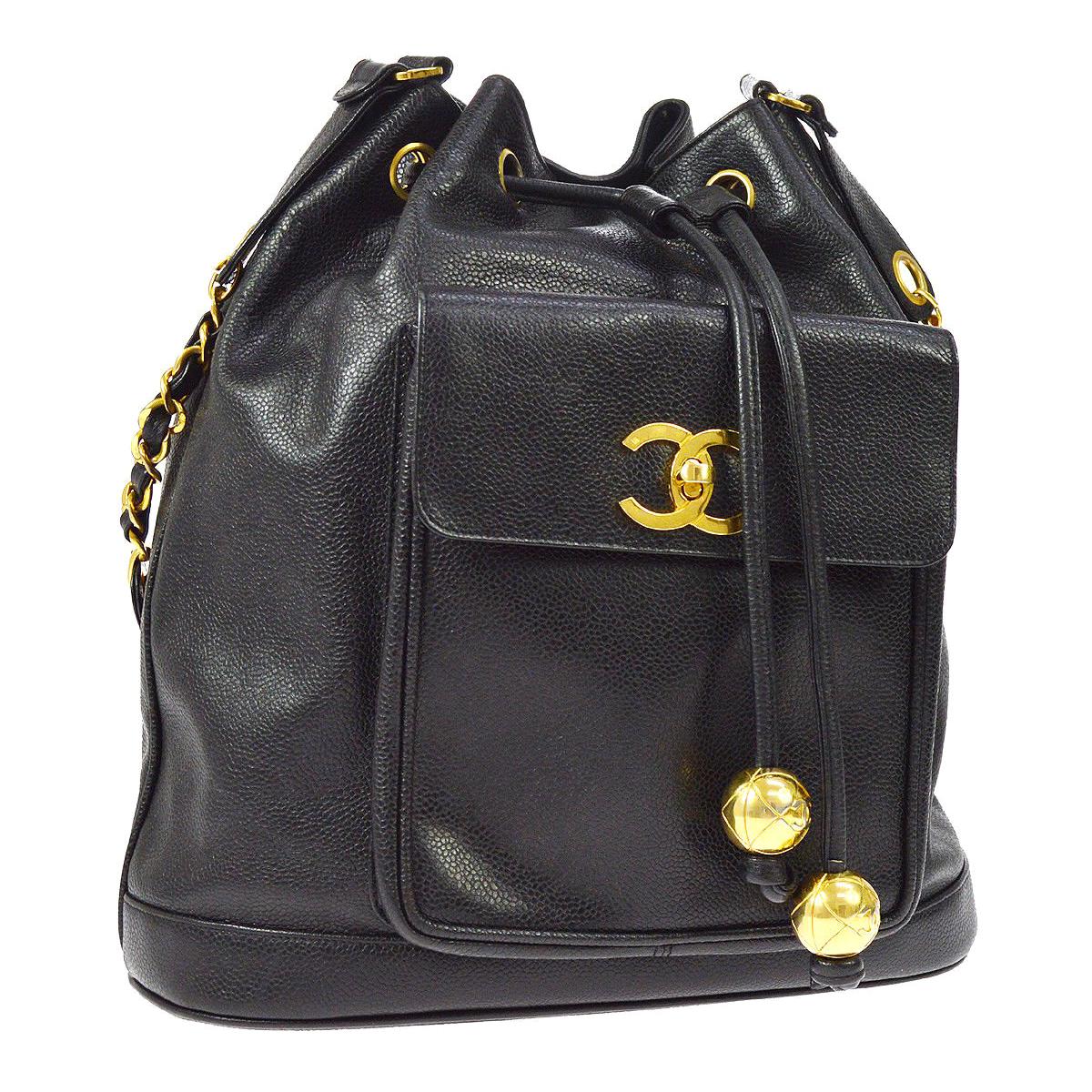 Chanel Black Leather Caviar Gold Charm Logo Drawstring Bucket Shoulder Bag