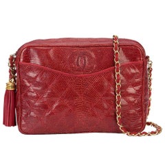 Vintage Chanel Red Lizard Leather Tassel Evening Camera Shoulder Bag