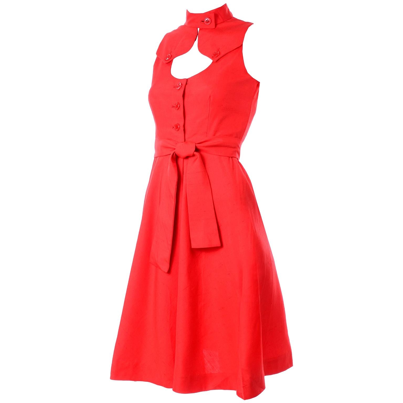 1960s Rodrigues New W Tags Vintage Orange Red Silk Dress w Keyhole