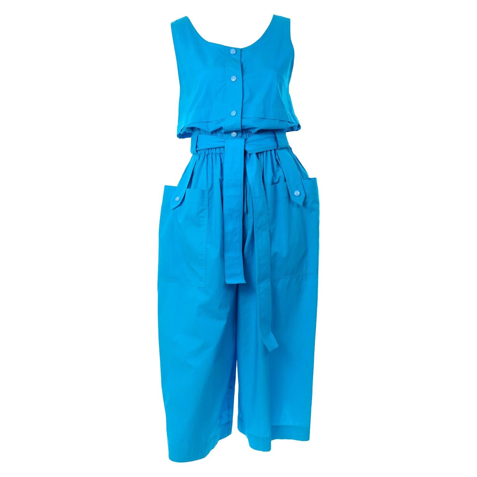 New Yves Saint Laurent YSL Vintage Blue Cotton Jumpsuit W Pockets & Belt w Tags