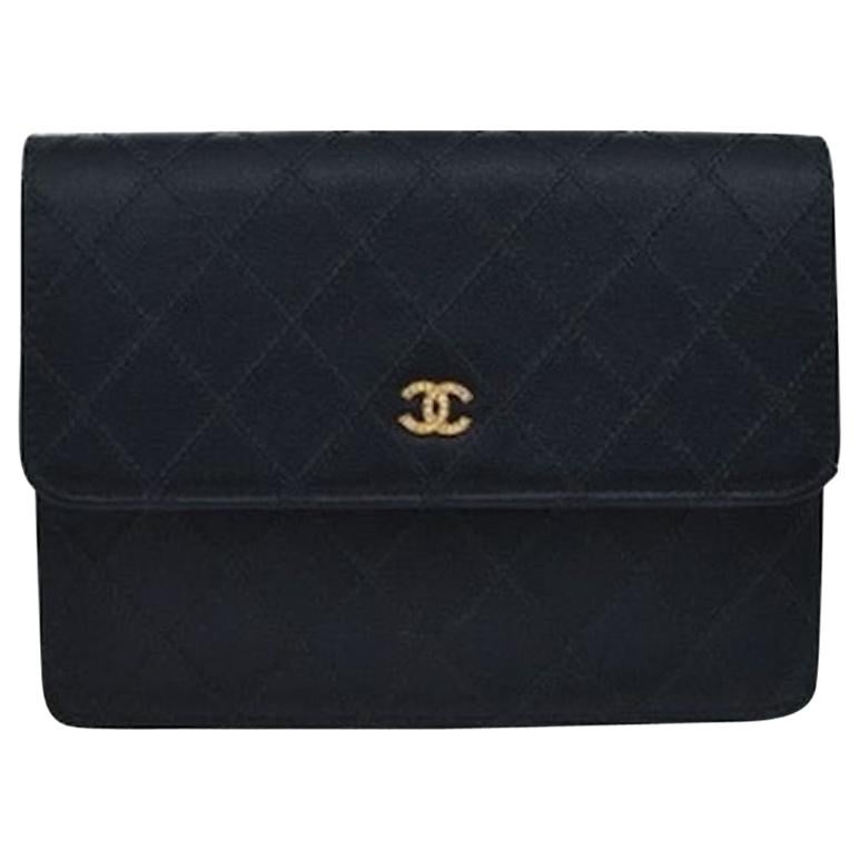 Chanel Black Satin Leather Gold Small Evening Flap Clutch Wallet Bag in Box