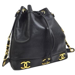 Vintage Chanel Black Leather Caviar Gold Charm Logo Bucket Shoulder Bag