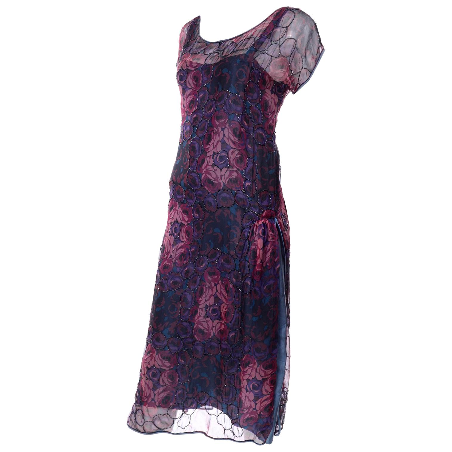 1920s Vintage Beaded Sheer Floral Silk Dress W Under dress Rose Pattern Design