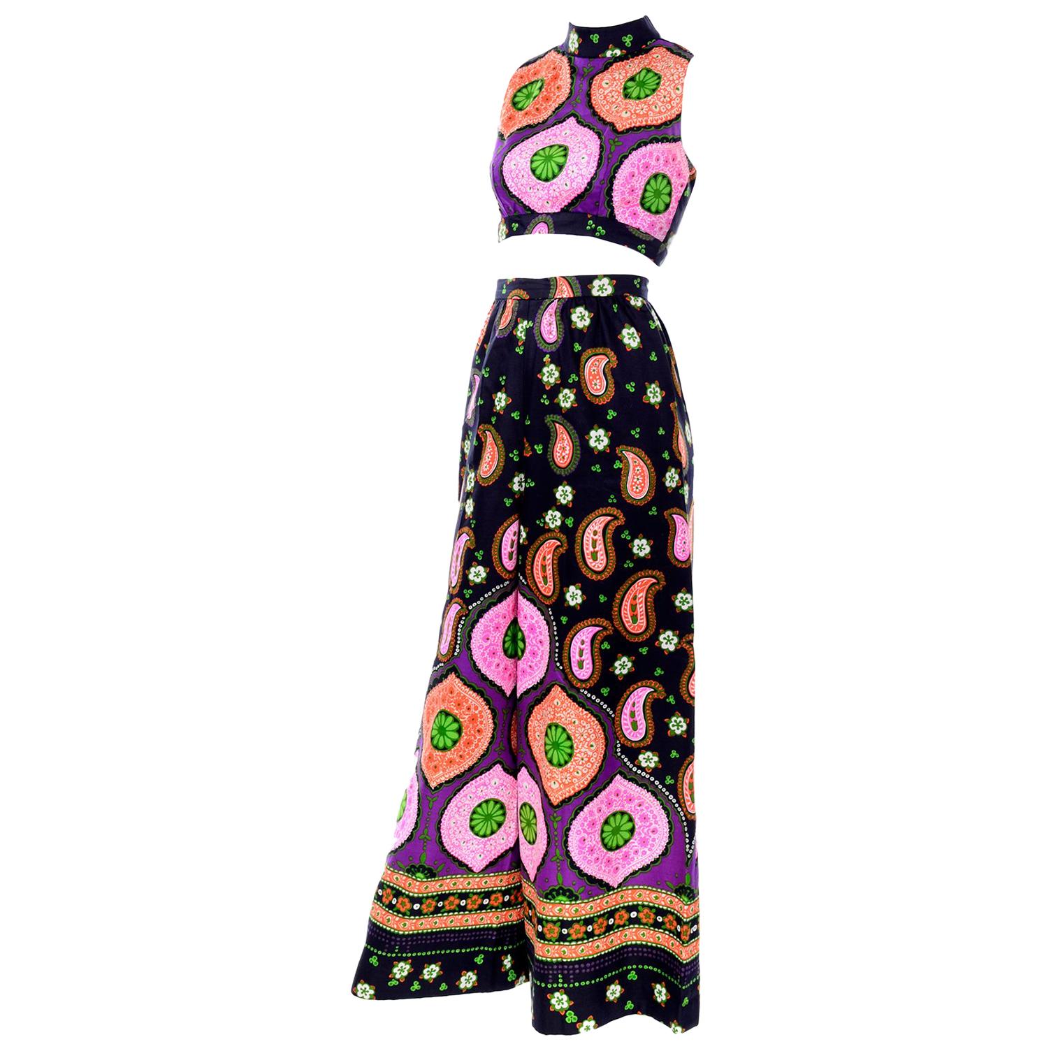 1970s Vintage Palazzo Pants & Crop Top in Pink Orange & Green Floral Mod Print