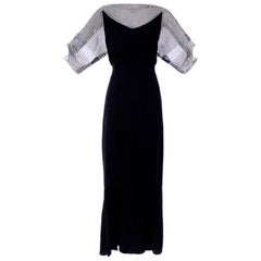 1930s Black Silk Crepe Beaded Vintage Dress W Sheer Sleeves