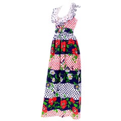 1960s Oscar de la Renta Polka Dot Poppy & Daisy Print Vintage Dress w/ Ruffles