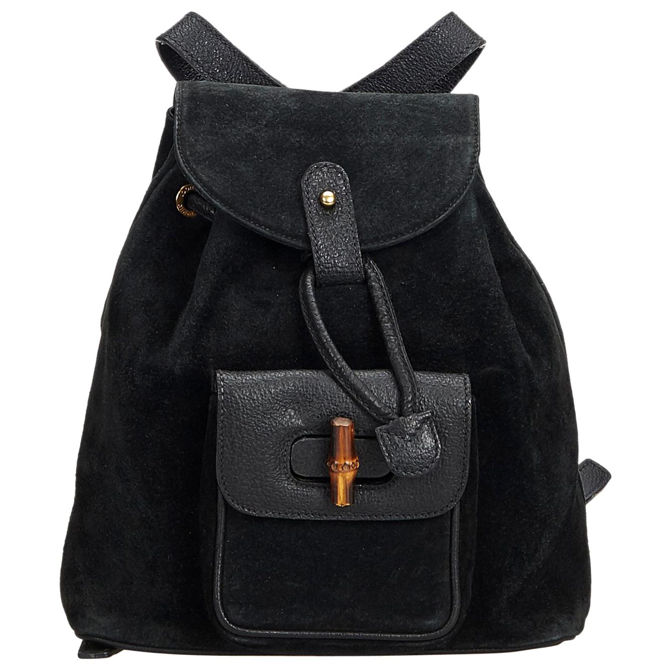 Gucci Black Suede Leather Bamboo Drawstring Backpack Italy