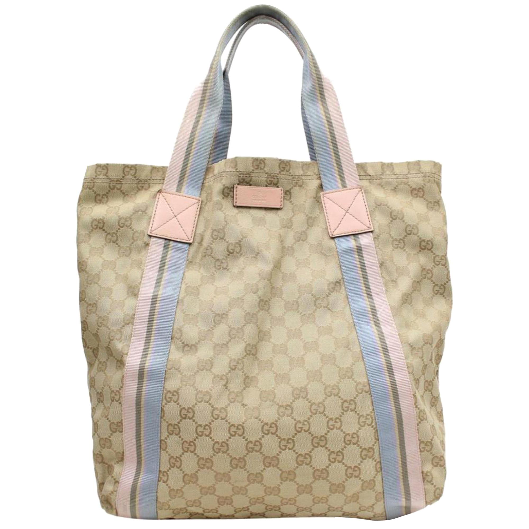 Gucci Pink and Blue Sherry Monogram Web 868946 Beige Canvas Tote For Sale