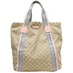 Vintage Gucci Pink and Blue Sherry Monogram Web 868946 Beige Canvas Tote