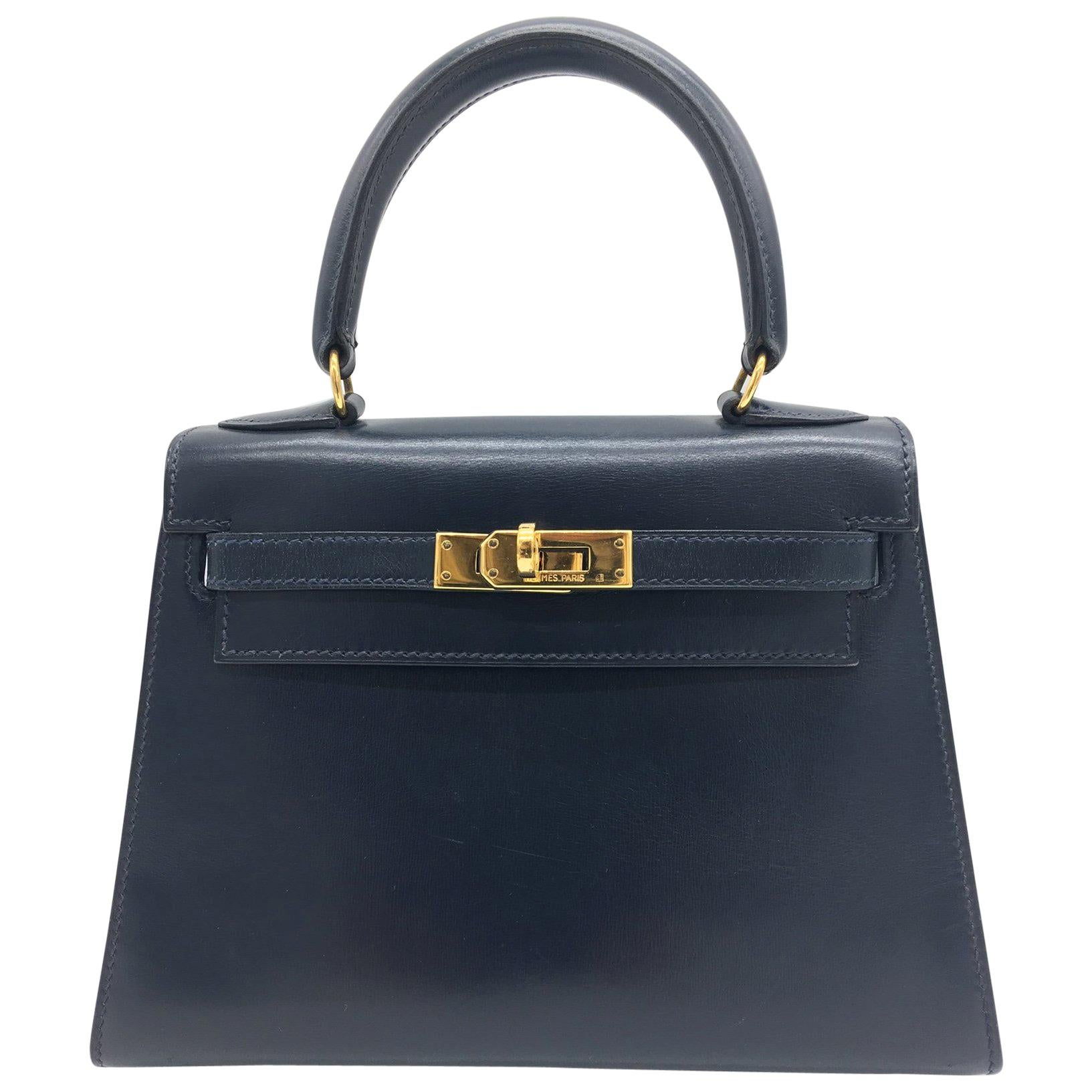 Hermes vintage Kelly 20cm Blue in Box leather For Sale