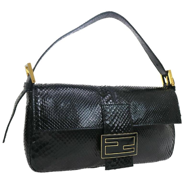 Fendi Black Snakeskin Charm Logo Top Handle Satchel Evening Flap Shoulder Bag