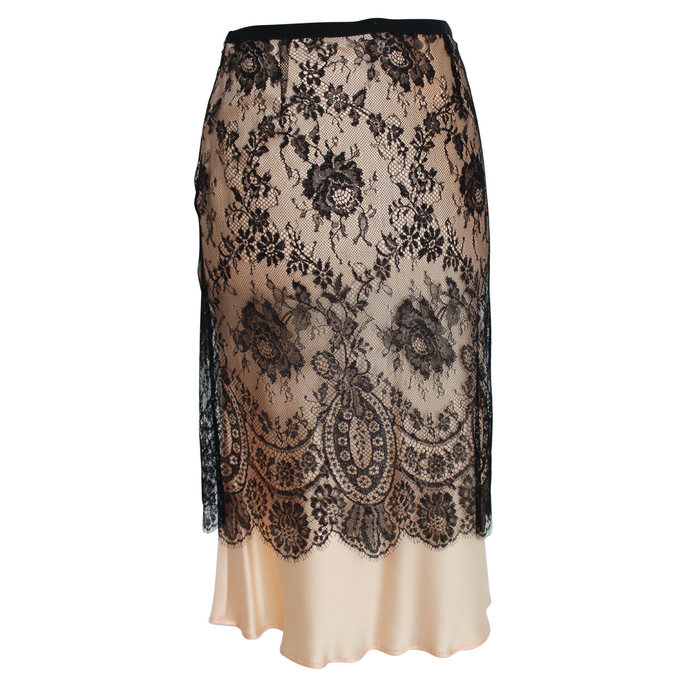 1990s Valentino Roma Beige and Black Silk Lace Long Skirt