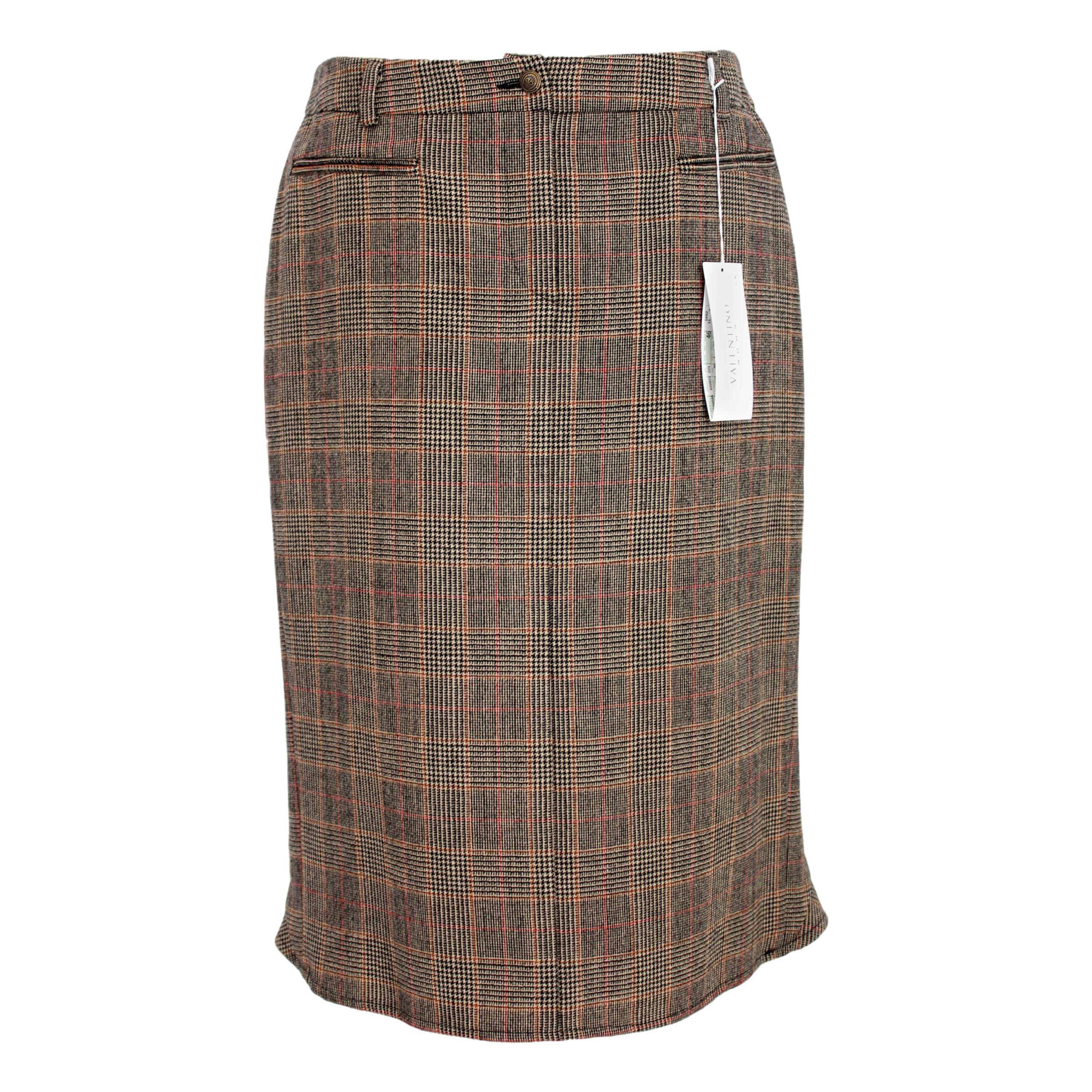 1990s Valentino Roma Beige Tartan Wool Check Godet Skirt