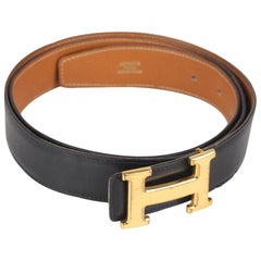 Hermes Vintage Leather Reversible Belt Gold Metal H-Buckle 